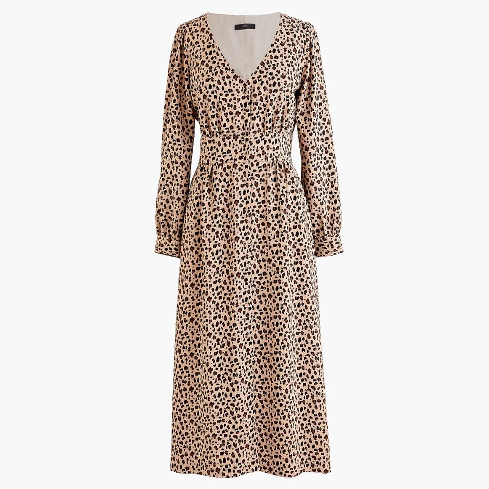 J. Crew Retro Chic Leopard Midi Dress (4) Button-Front A-Line Blouson 30's 40's